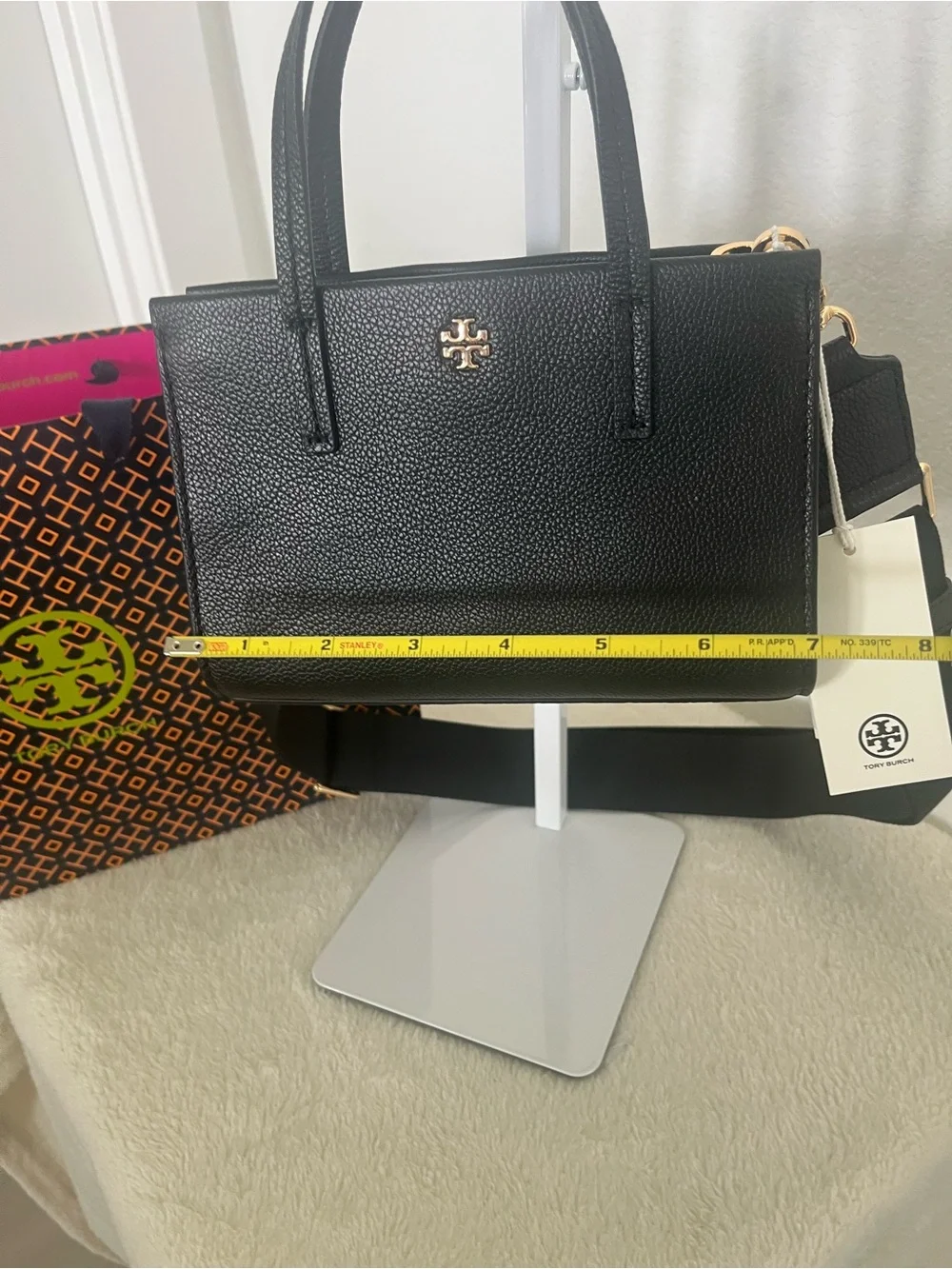 Tory Burch Black Pebbled Leather Mini Satchel with Gold Logo include paper bag